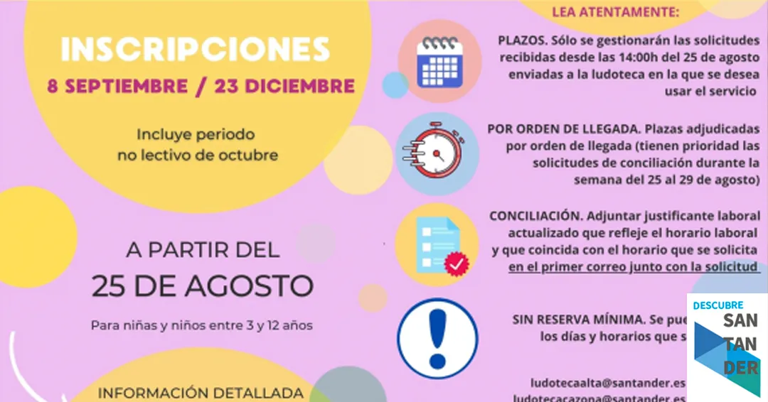 Santander abre el lunes 25 la inscripción para las ludotecas del periodo septiembre – diciembre